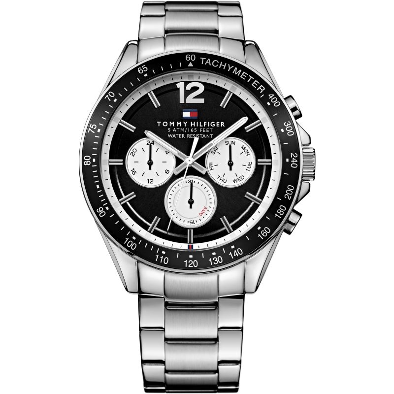 Tommy Hilfiger chronograph men's watch with black dial, white subdials, and stainless steel bracelet