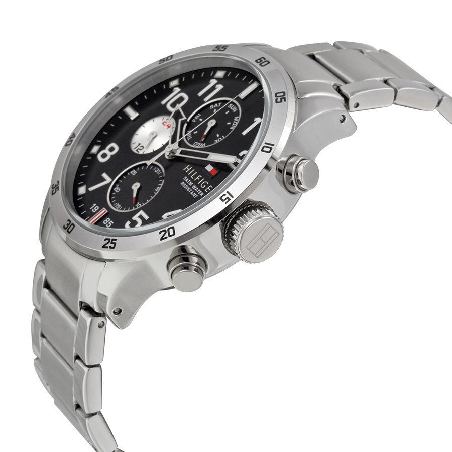 Tommy Hilfiger men's watch shown from side angle with stainless steel bracelet and chronograph pushers