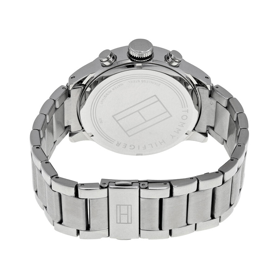 Tommy Hilfiger watch caseback showing stainless steel bracelet and deployment clasp