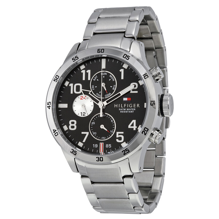 Tommy Hilfiger stainless steel chronograph watch with black dial and multi-function subdials