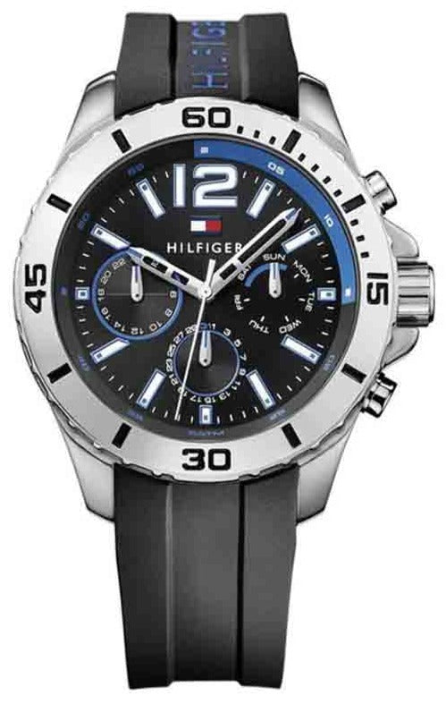 Tommy Hilfiger 1791143 chronograph watch with black dial, silver case, and black rubber strap