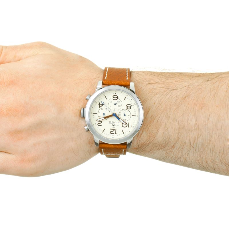 Tommy Hilfiger men's watch with beige chronograph dial worn on wrist