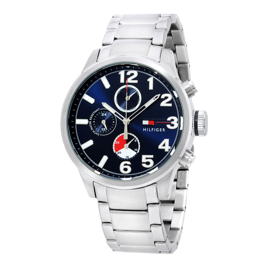 Tommy Hilfiger 1791242 watch showing steel bracelet and blue dial at angle