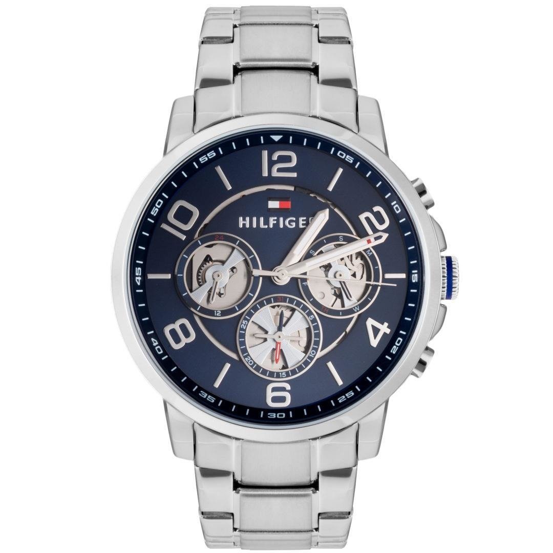 Tommy Hilfiger silver-tone men's watch with blue dial and chronograph subdials