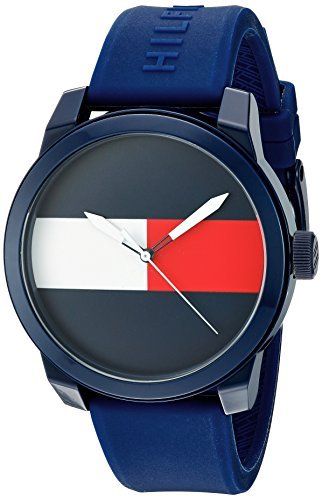 Side view of Tommy Hilfiger Flag Sport watch with blue silicone strap and case