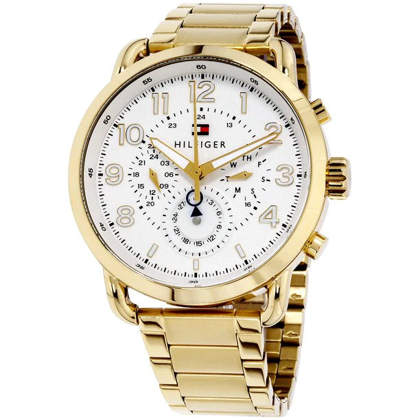 Angled view of Tommy Hilfiger 1791455 chronograph watch with white dial and gold bracelet