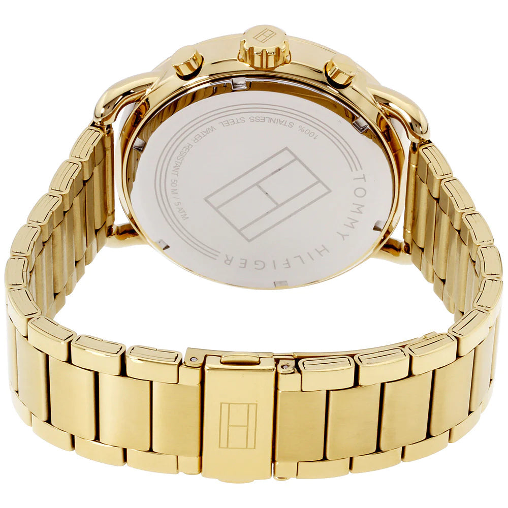 Case back view of Tommy Hilfiger 1791455 watch with gold steel bracelet