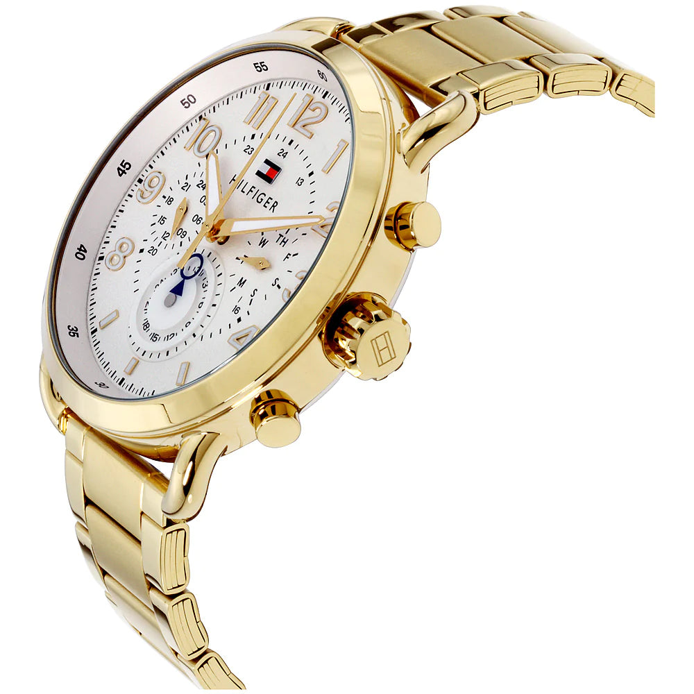 Side profile of Tommy Hilfiger 1791455 gold chronograph watch showing strap and case