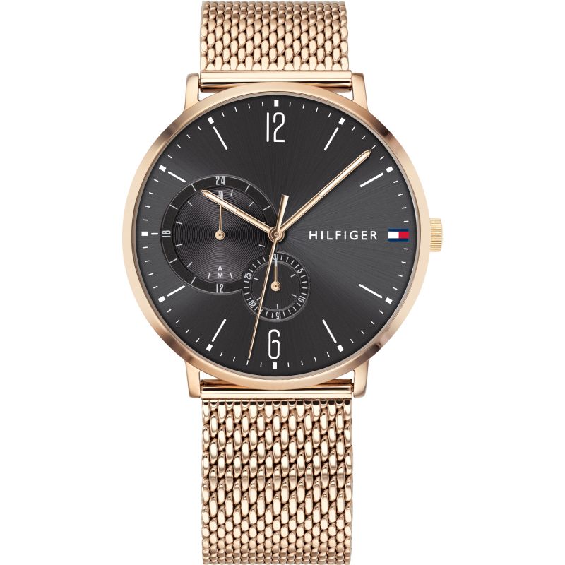 Tommy Hilfiger grey dial rose gold mesh women's watch with subdials and rose gold hands
