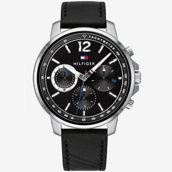 Tommy Hilfiger men's quartz watch with 44mm black dial, chronograph subdials, silver case, and black leather strap