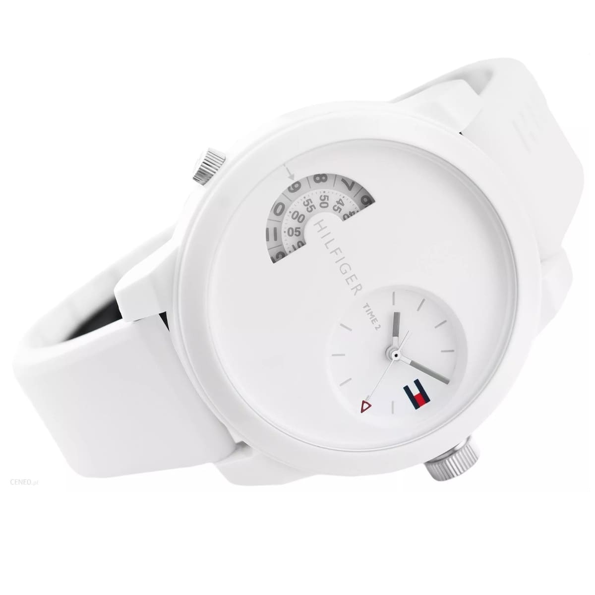 Tommy Hilfiger men's watch 44mm white case with white silicone strap at angle view