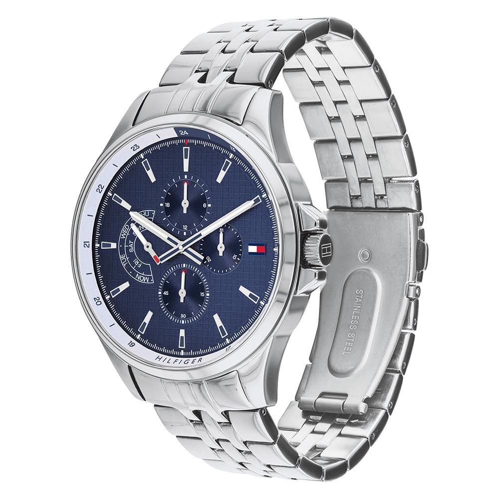 Side view of Tommy Hilfiger 1791612 watch showing steel case and three-link bracelet