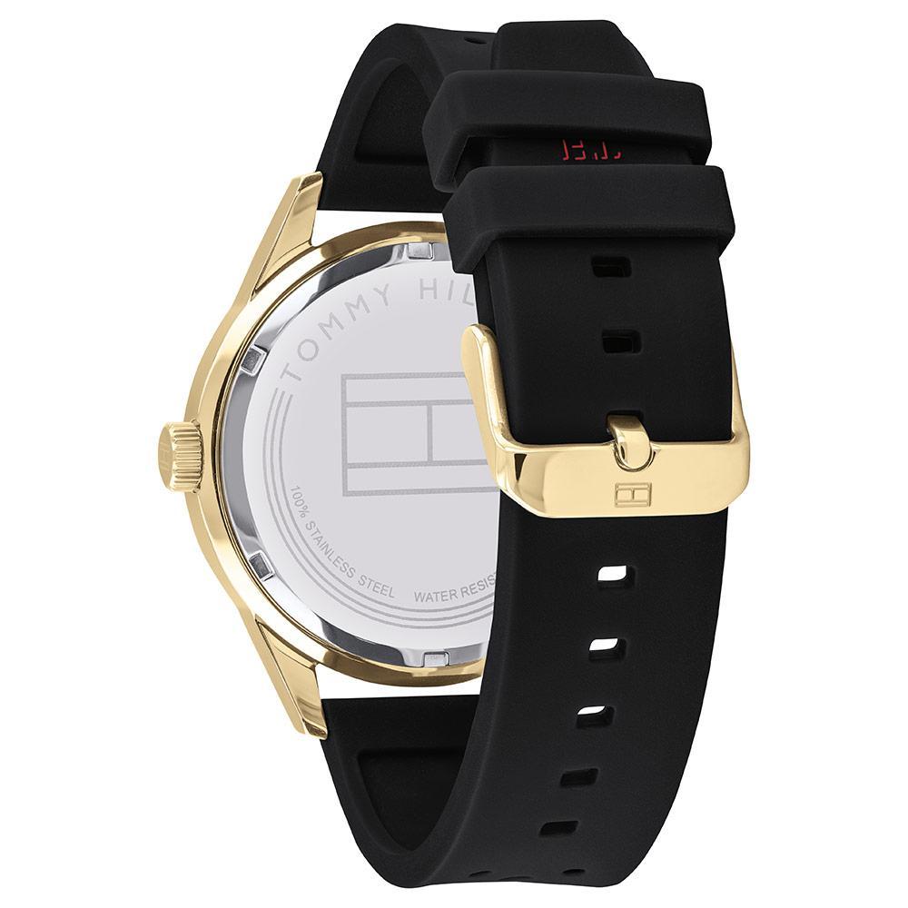 Tommy Hilfiger 1791636 watch caseback and side profile with black silicone strap