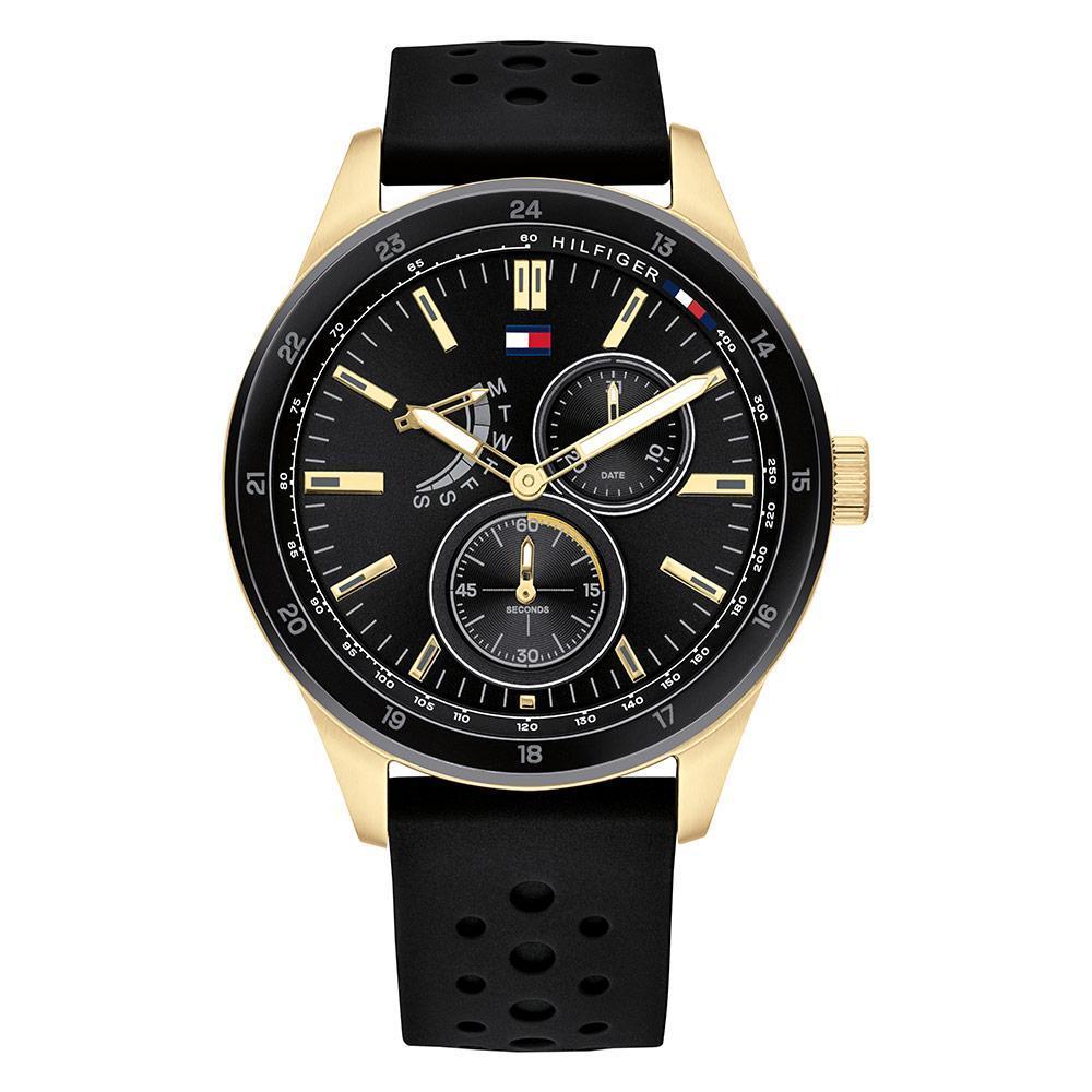 Tommy Hilfiger 1791636 men's watch with gold case, black dial, dual subdials, and black silicone strap