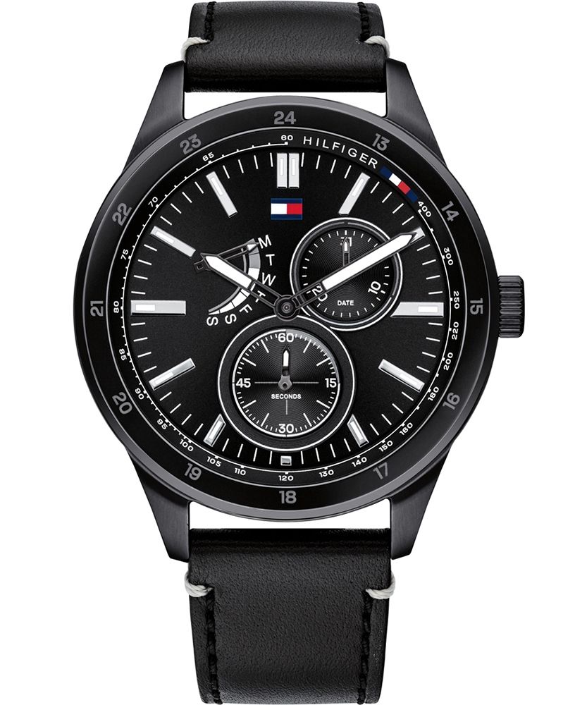 Tommy Hilfiger black dial quartz watch with dual subdials and black leather strap