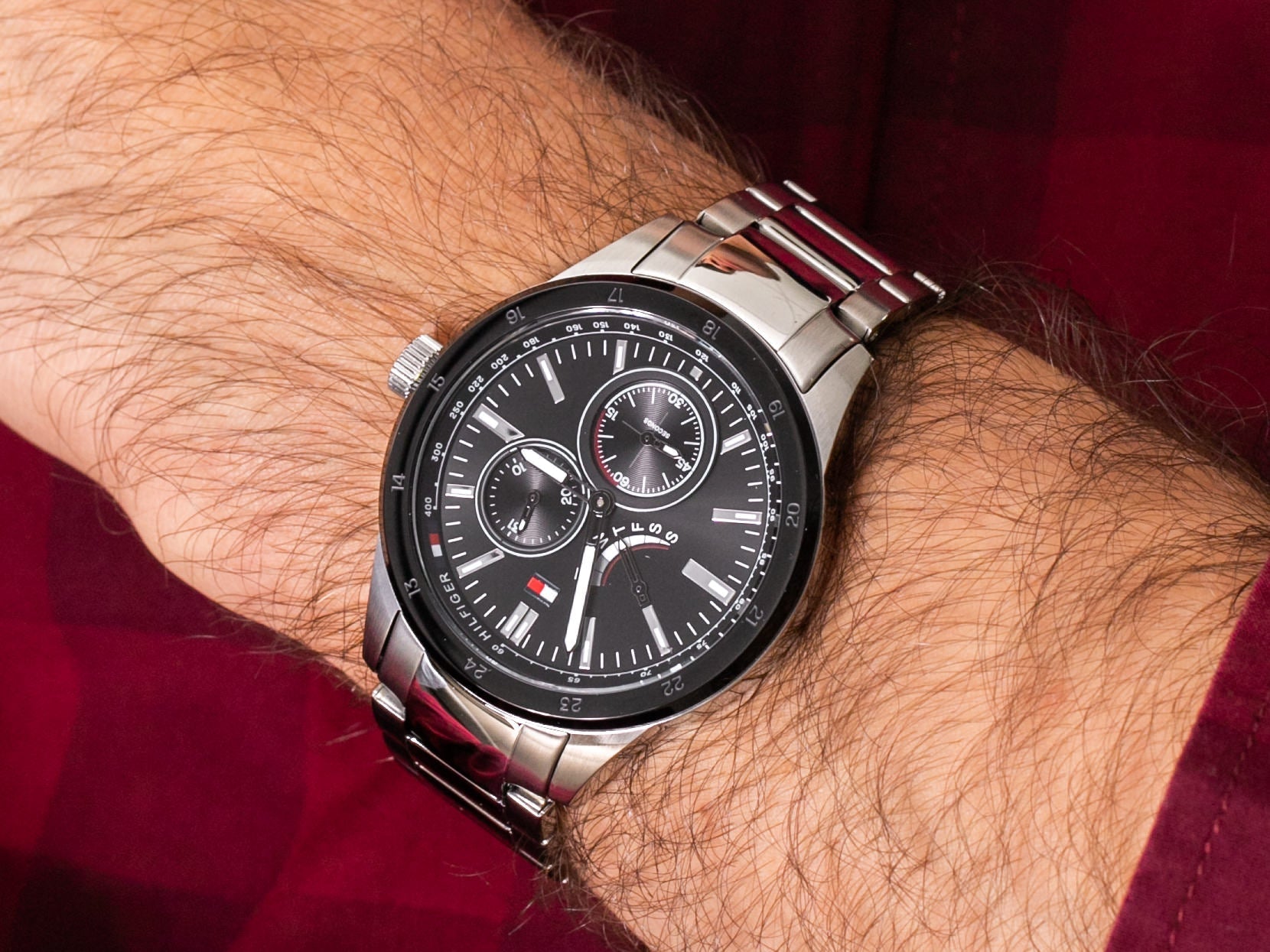 Tommy Hilfiger chronograph watch worn on male wrist
