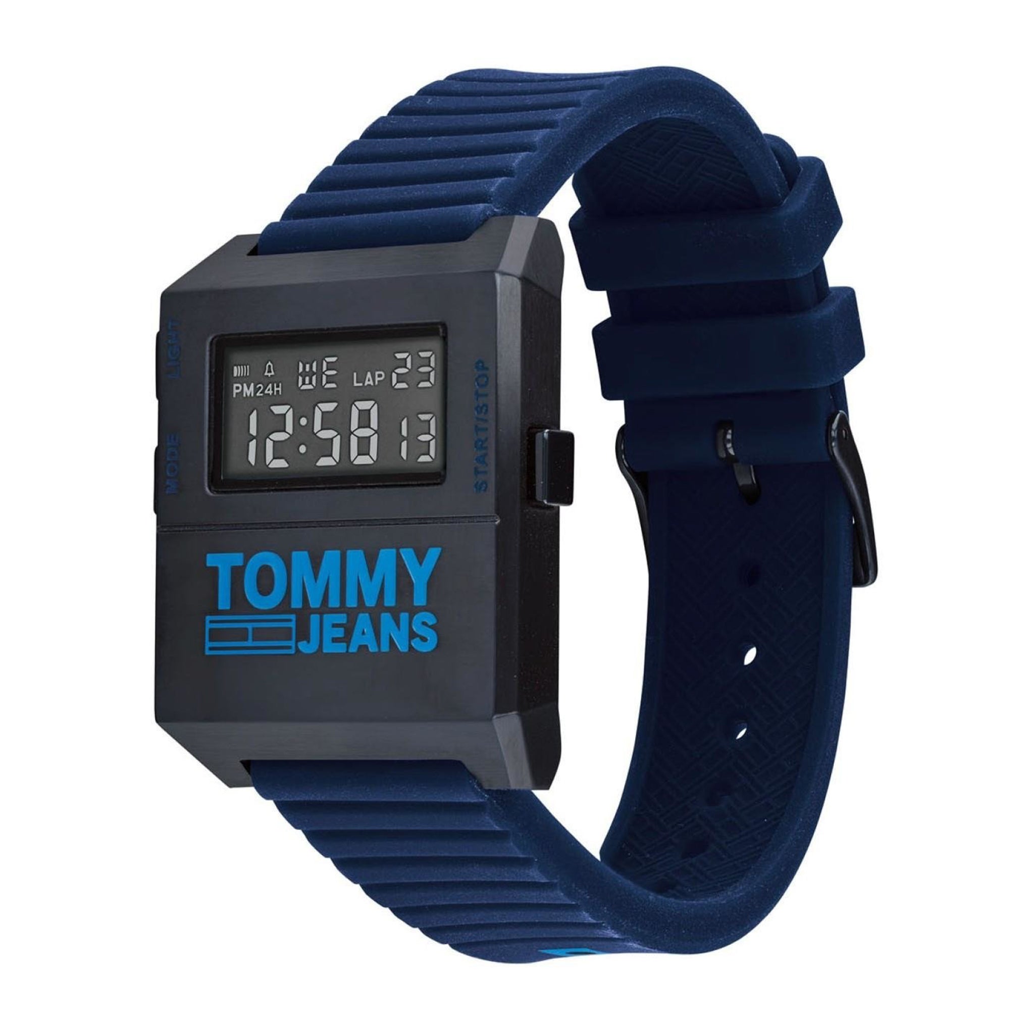 Tommy Hilfiger 1791677 digital watch at angle showing black case, navy silicone strap, and dial