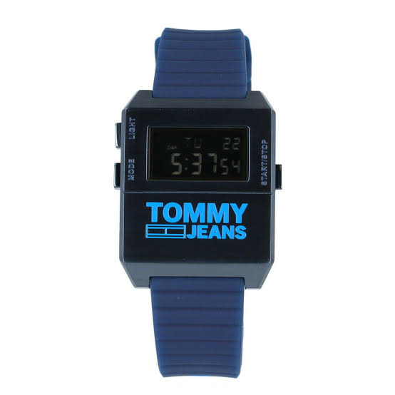 Tommy Hilfiger digital mens watch with black dial, navy strap, and blue Tommy Jeans logo