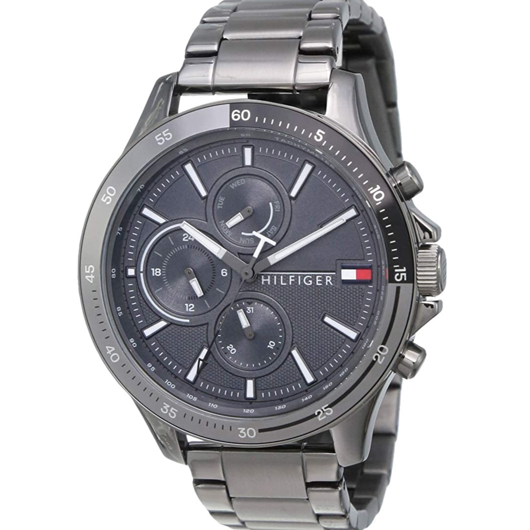 Tommy Hilfiger 1791719 men's chronograph watch shown at angle with grey dial and steel bracelet