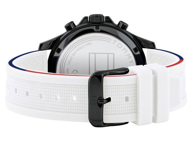 Watch displayed from the side showing black case, white strap, and buckle closure