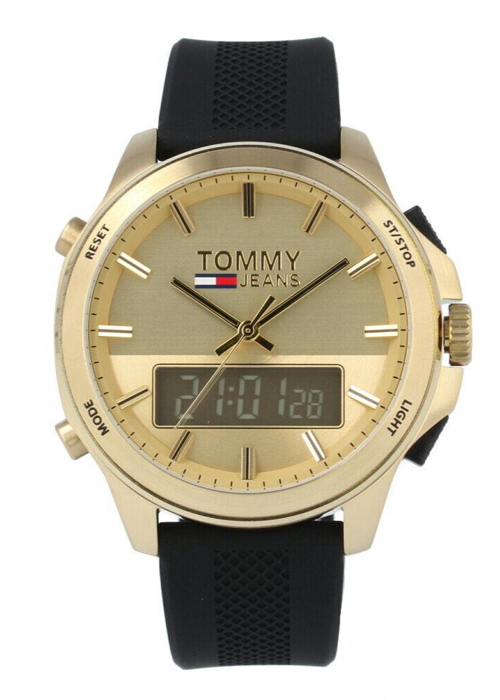 Tommy Hilfiger gold tone dial men's dual time watch with black silicone band