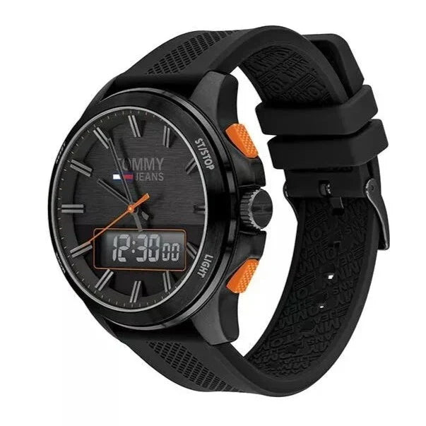 Tommy Hilfiger 1791763 watch side angle showing black rubber strap with orange accents