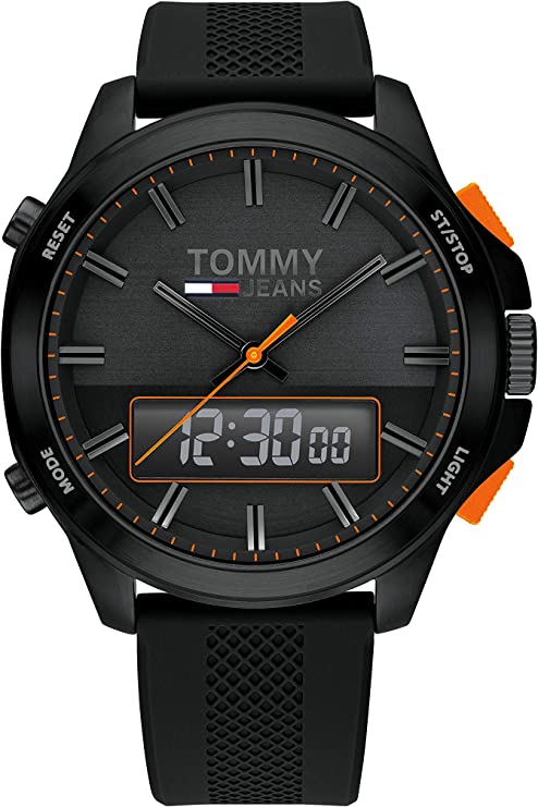Tommy Hilfiger men's hybrid watch with black dial, orange hands, and digital display