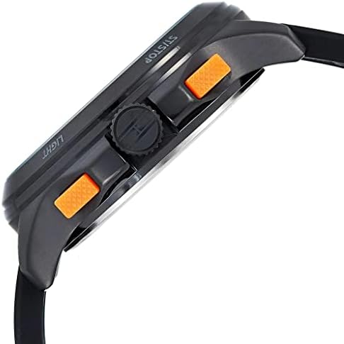 Side view of Tommy Hilfiger 1791763 watch showing orange pusher buttons and black case