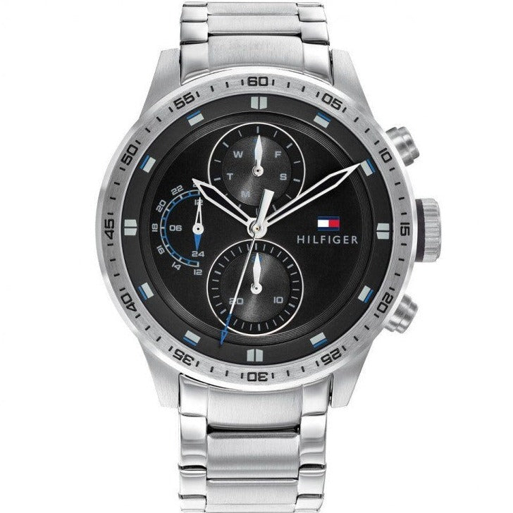 Tommy Hilfiger 1791805 stainless steel men's watch with black chronograph dial and steel bracelet