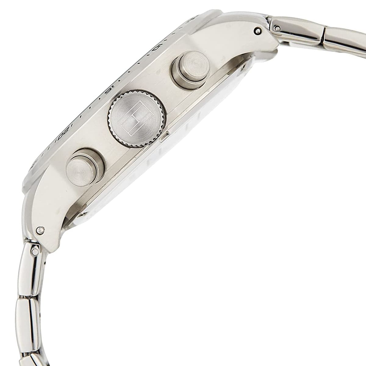 Tommy Hilfiger 1791805 side view showing stainless steel case and chronograph pushers