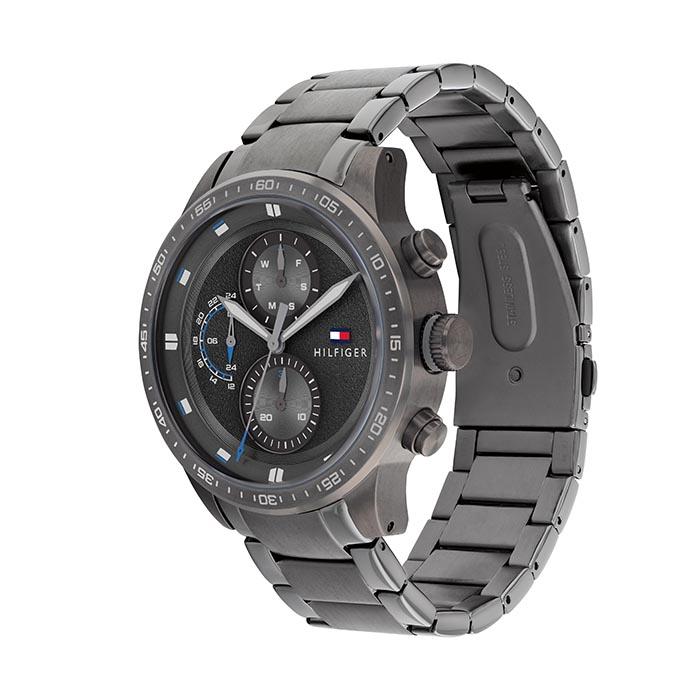 Tommy Hilfiger 1791806 chronograph watch side view showing stainless steel bracelet