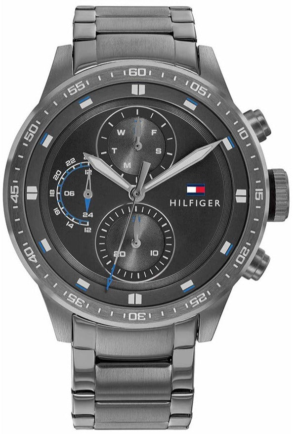 Tommy Hilfiger men's chronograph watch with black dial and stainless steel strap