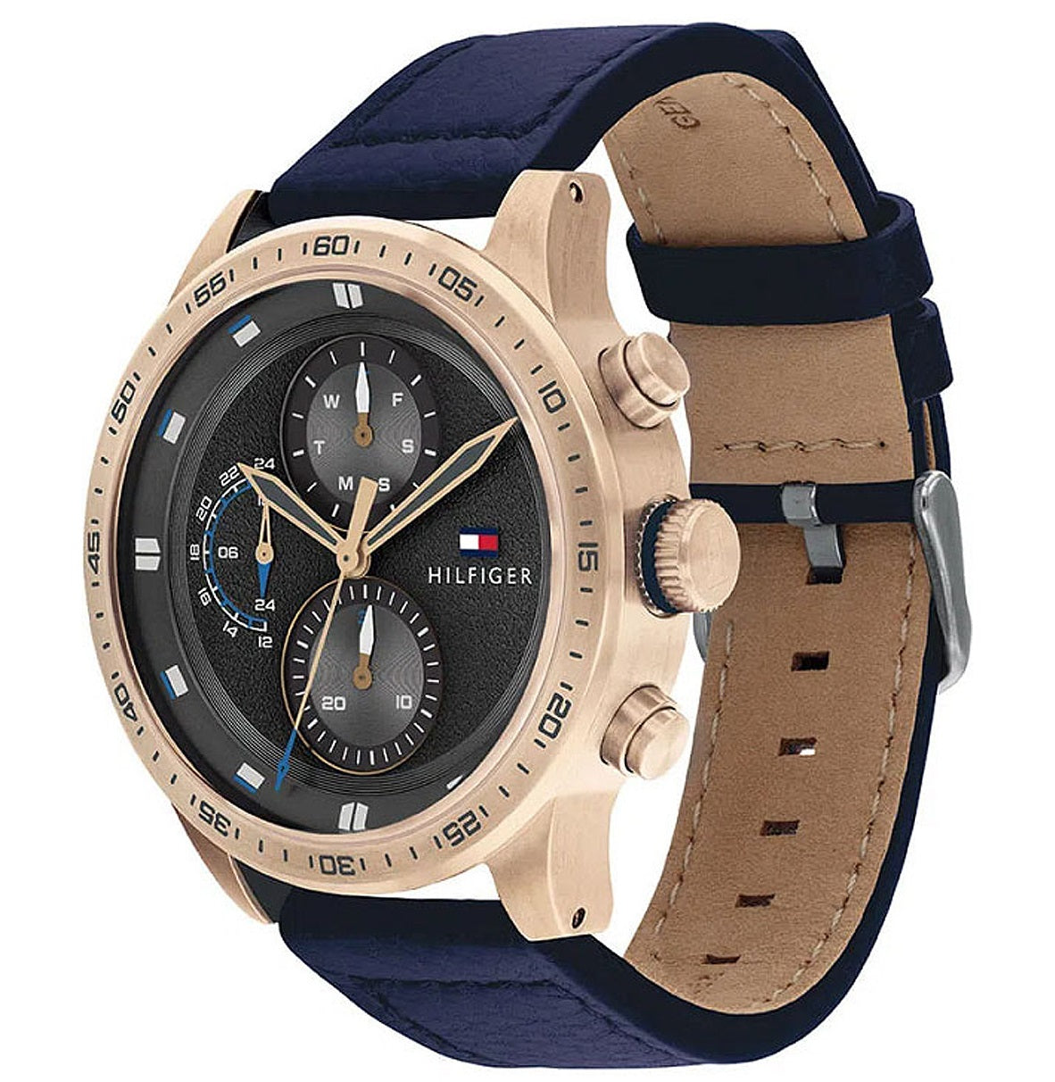 Side angle view of Tommy Hilfiger chronograph with navy leather strap