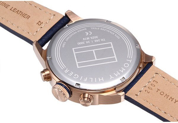 Tommy Hilfiger watch caseback showing transparent display with specifications