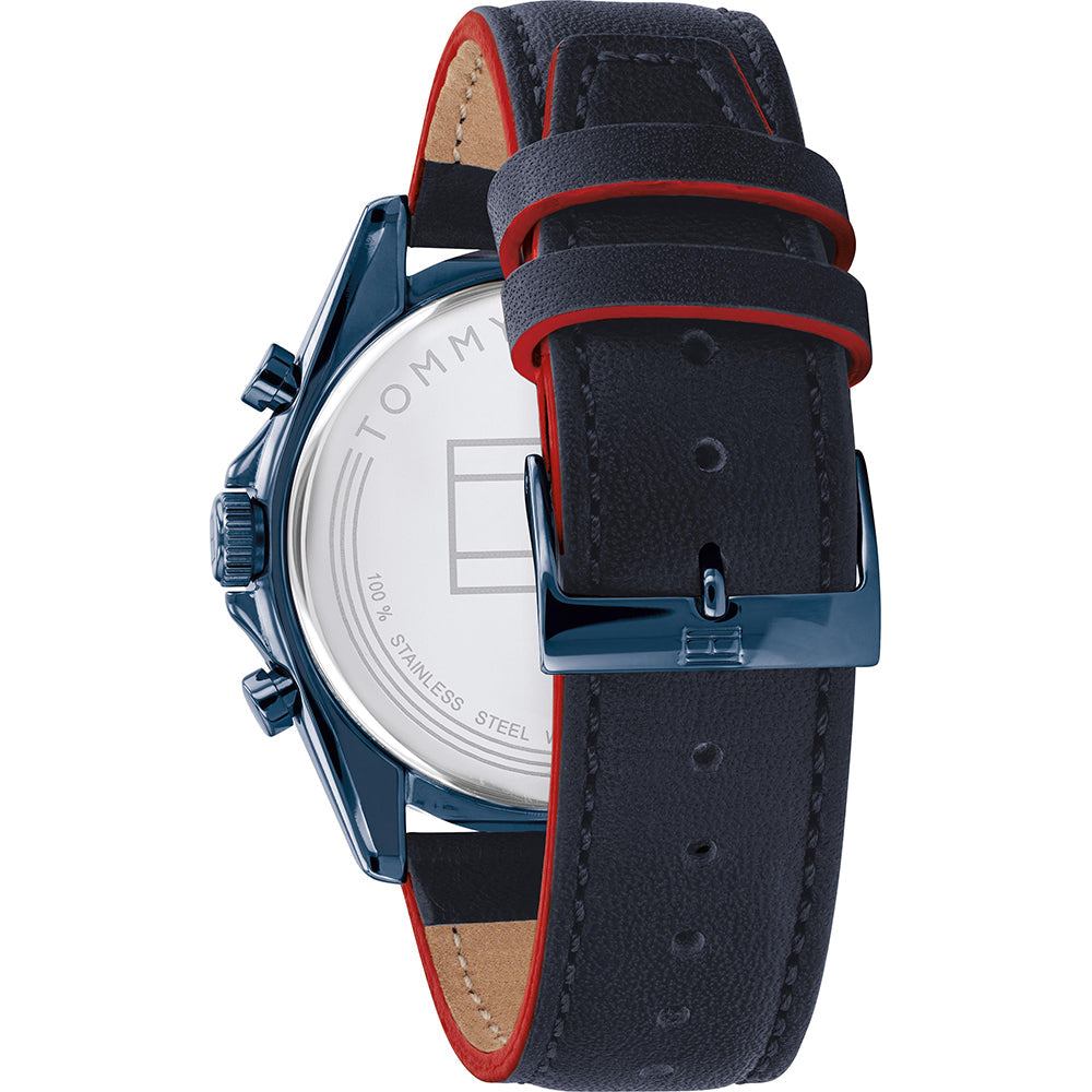 Tommy Hilfiger 1791839 watch side view showing chronograph pushers and black red strap
