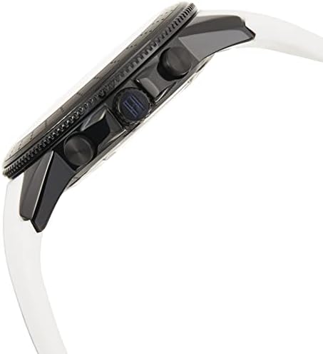 Side view of Tommy Hilfiger watch showing black case, pushers, and white strap
