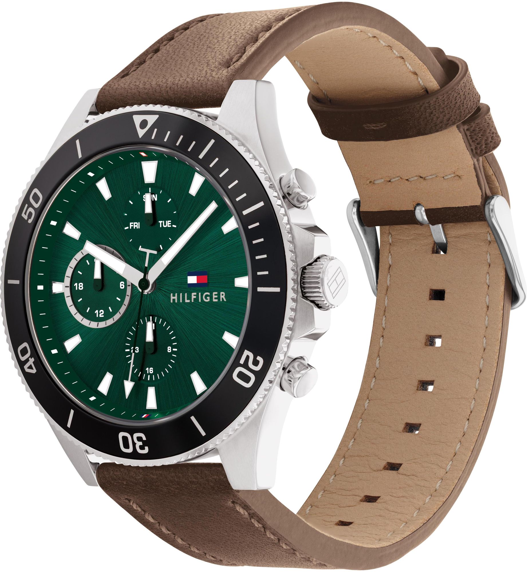 Tommy Hilfiger chronograph watch showing green dial and brown leather strap at angle