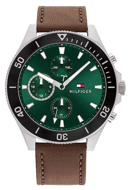 Tommy Hilfiger men's chronograph watch with green dial, black bezel, and brown leather strap