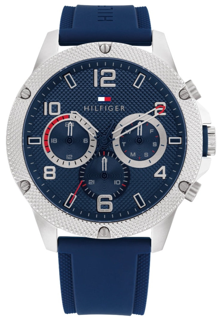 Tommy Hilfiger chronograph watch with blue dial, white case, dual subdials, and blue silicone strap