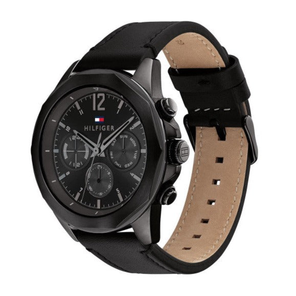 Tommy Hilfiger black watch displayed at angle showing leather strap and case