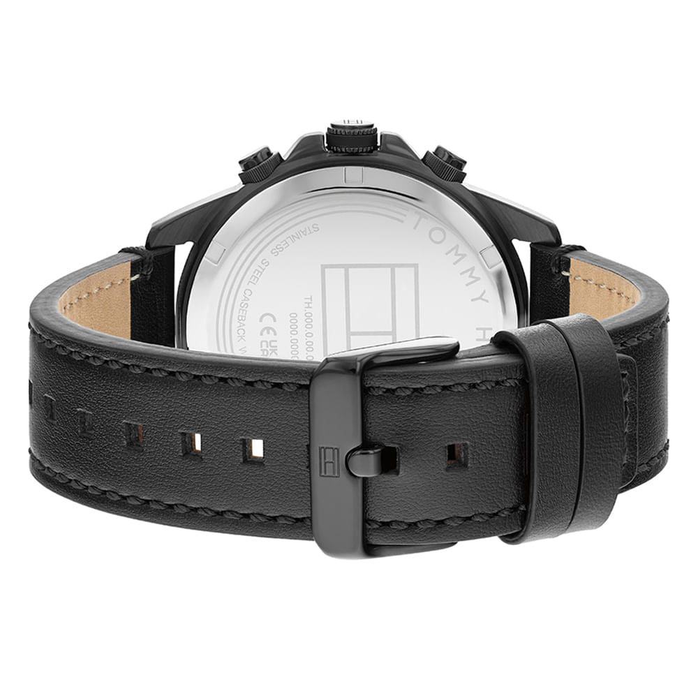 Tommy Hilfiger watch caseback with chronograph complications and black leather strap