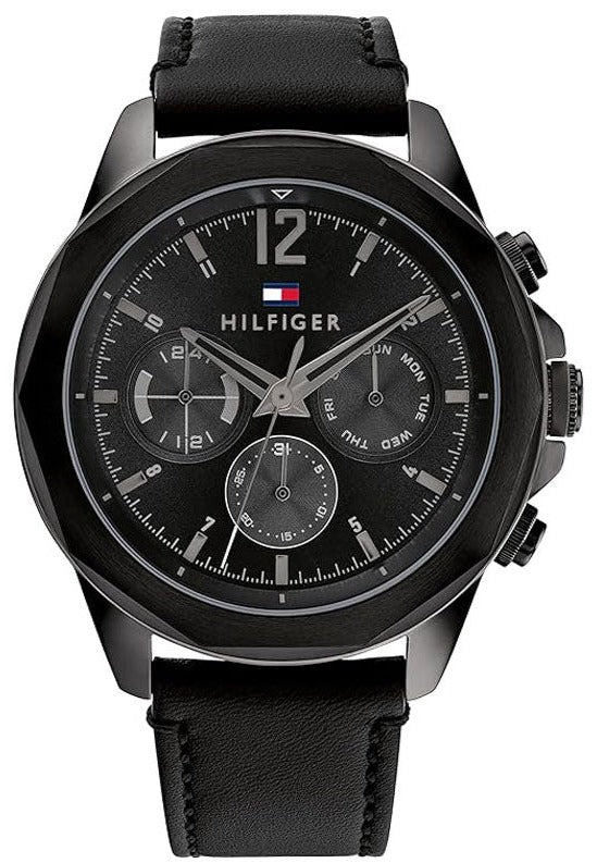 Tommy Hilfiger black chronograph watch with black dial and leather strap