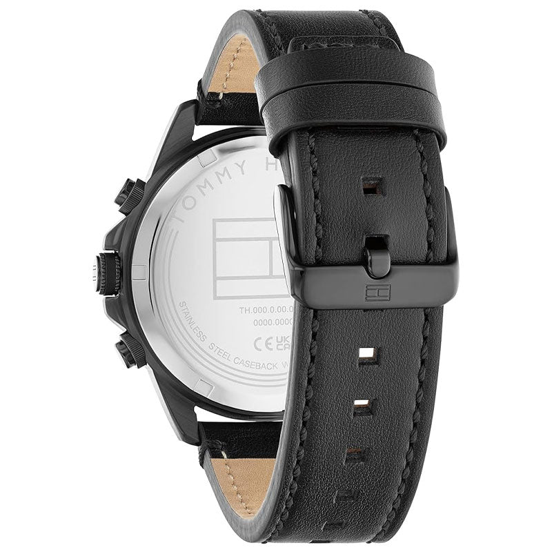 Tommy Hilfiger black leather strap with buckle and caseback view of watch