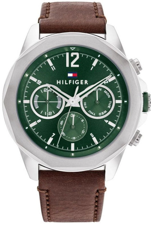 Tommy Hilfiger men's watch with green chronograph dial, silver case, and brown silicone strap