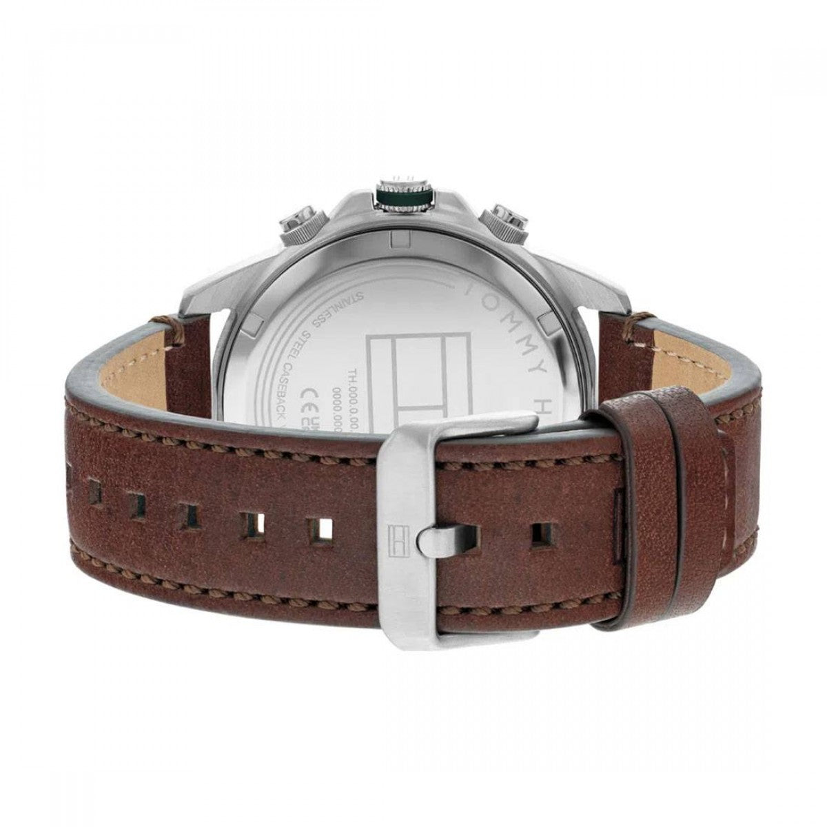 Tommy Hilfiger chronograph watch displayed with strap open showing buckle closure