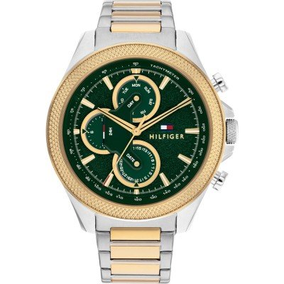 Tommy Hilfiger 1792079 men's watch with silver and gold two-tone steel bracelet and green dial
