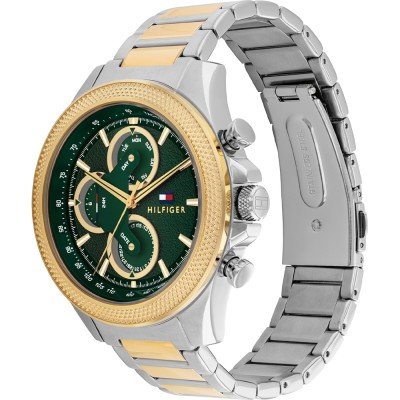 Tommy Hilfiger 1792079 side view showing two-tone bracelet with silver and gold links and caseback