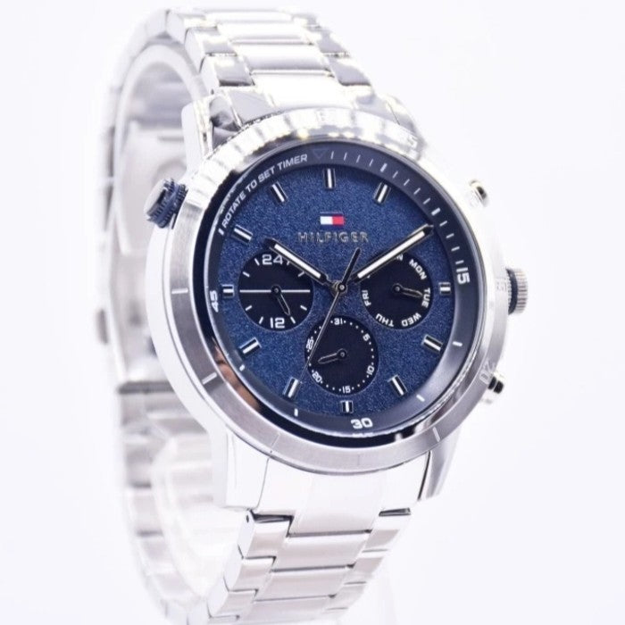 Tommy Hilfiger Troy blue dial detail showing chronograph subdials and markers