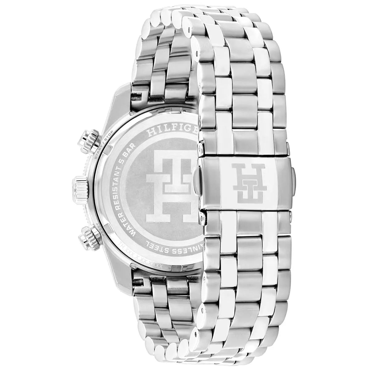 Tommy Hilfiger 1792186 chronograph watch caseback showing stainless steel bracelet