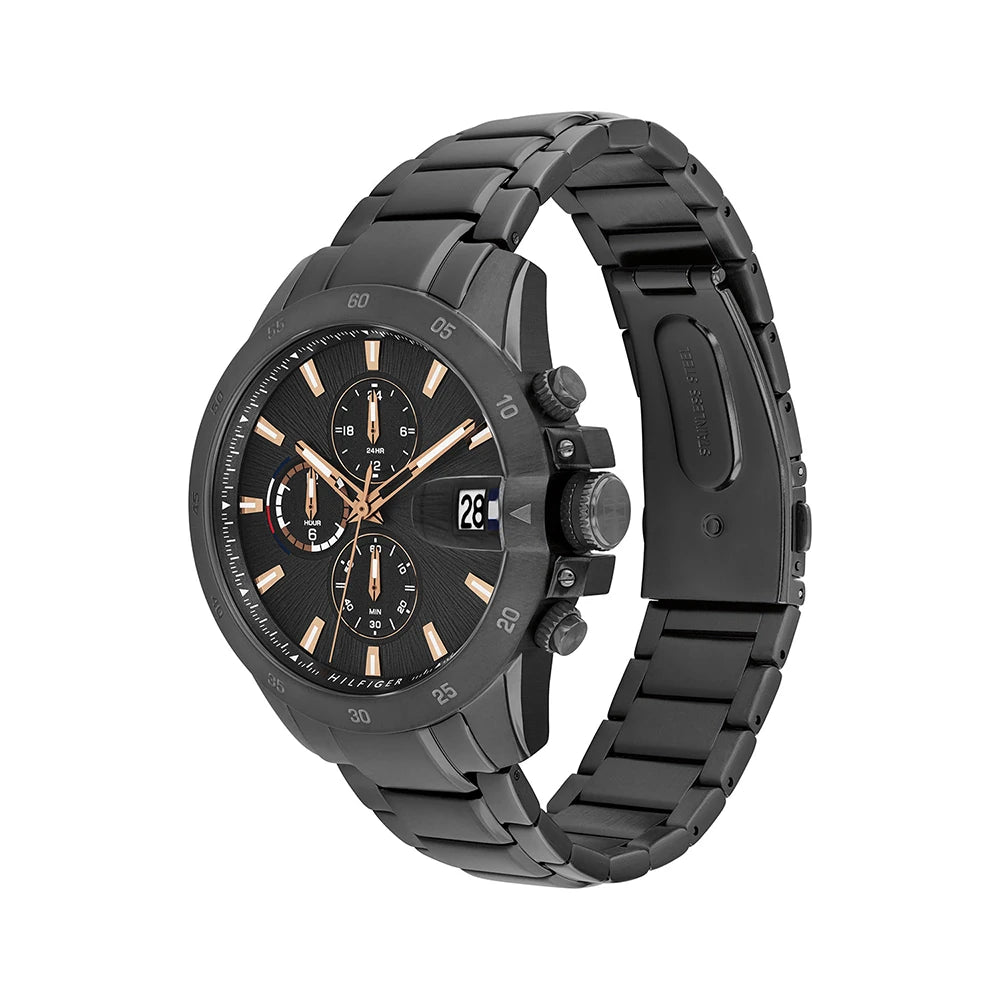Tommy Hilfiger JAMESON watch displayed at angle showing dark grey metal bracelet and chronograph subdials